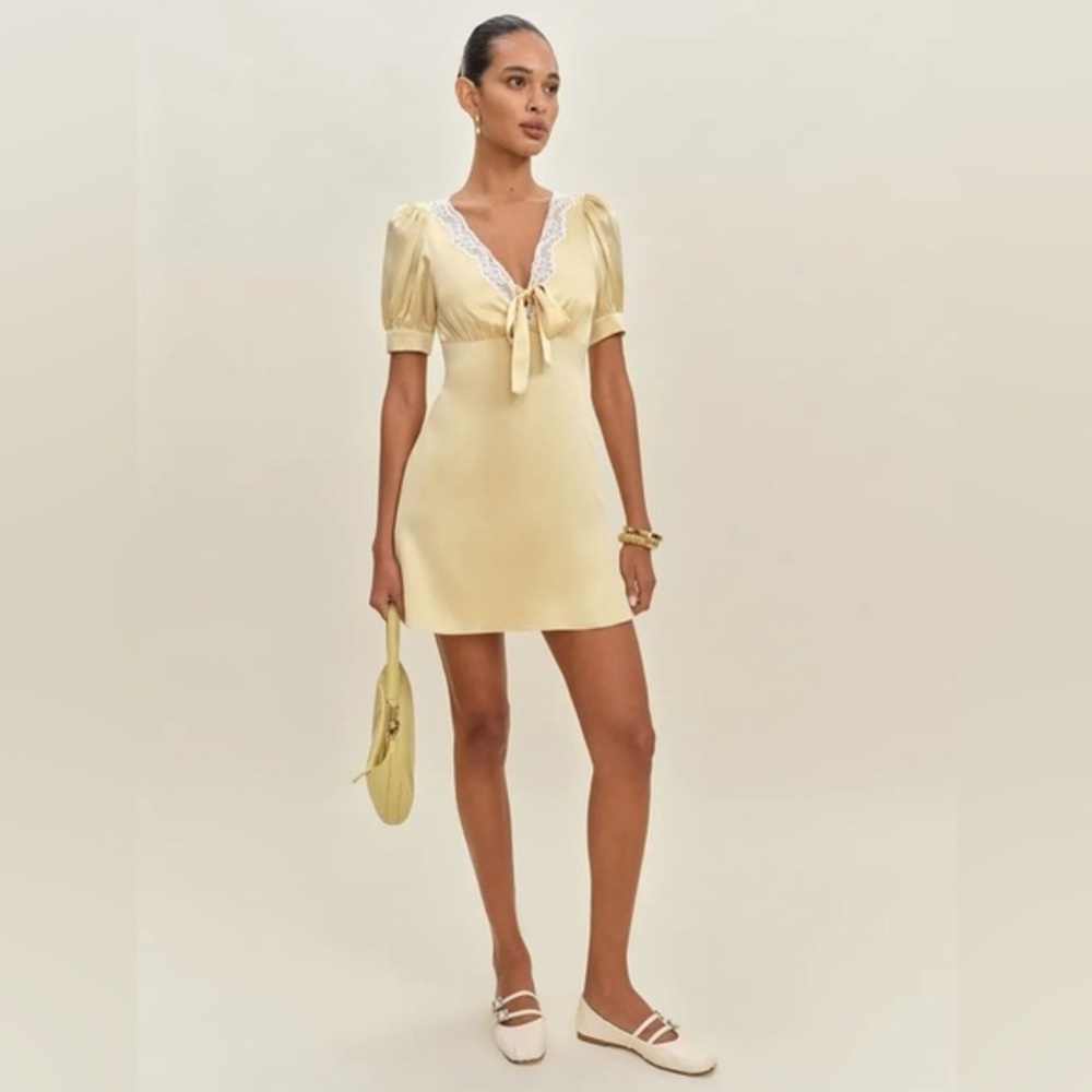 New Reformation Avin Silk Mini Lace Tie Dress Blonde size 4